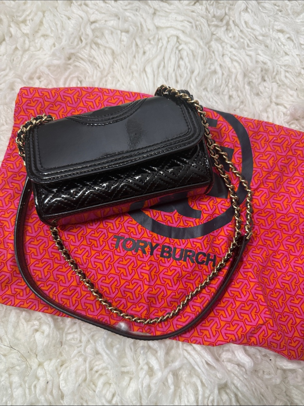 Tory Burch Black Patent Quilted Crossbody with Gold Chain mini